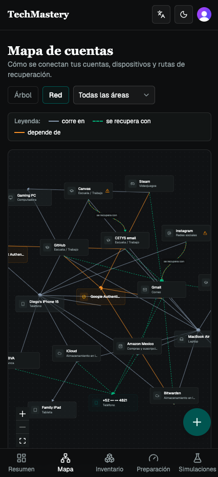 Account map screen showing connected accounts and devices