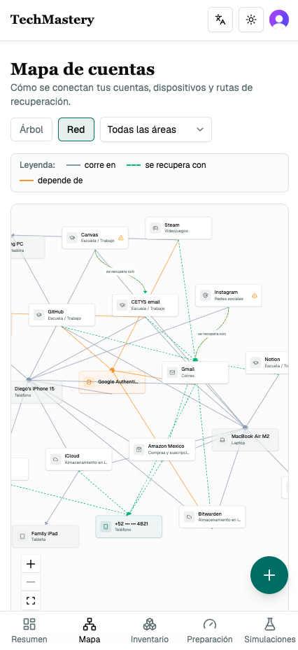 Account map screen showing connected accounts and devices