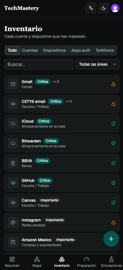 Inventory screen listing accounts and devices