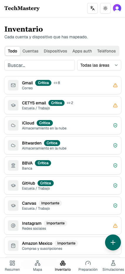 Inventory screen listing accounts and devices